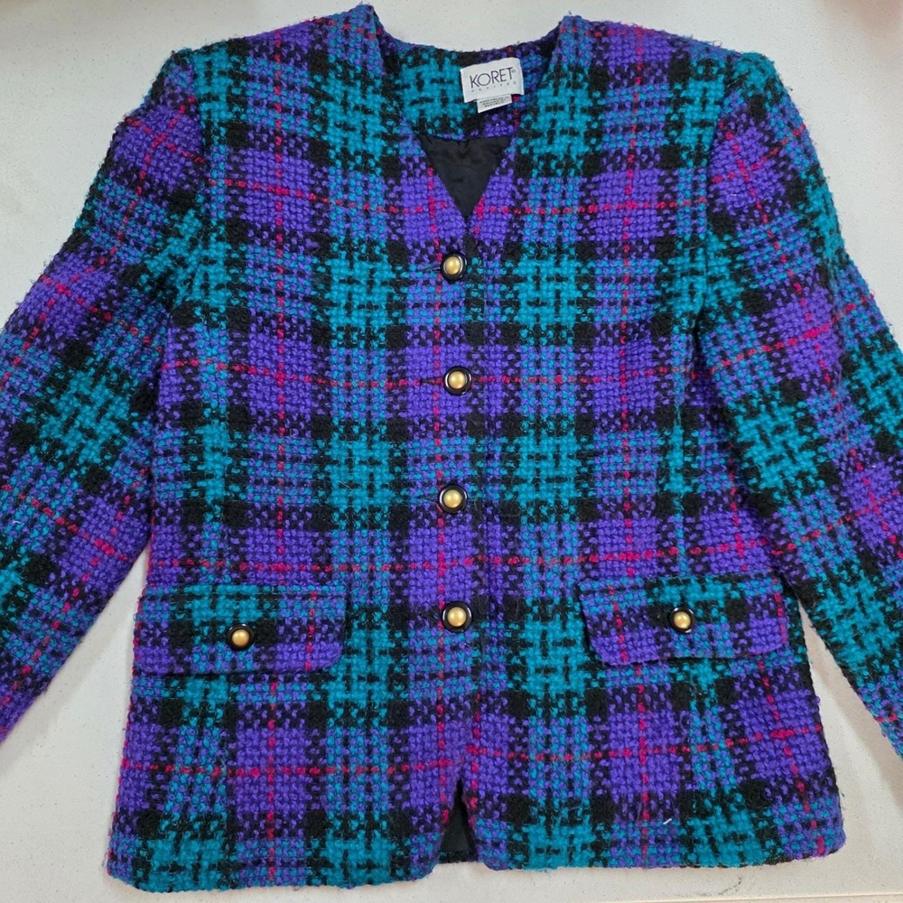 Koret Petites Vintage 90s Plaid Blazer Purple Teal Gold Button Jacket size 4